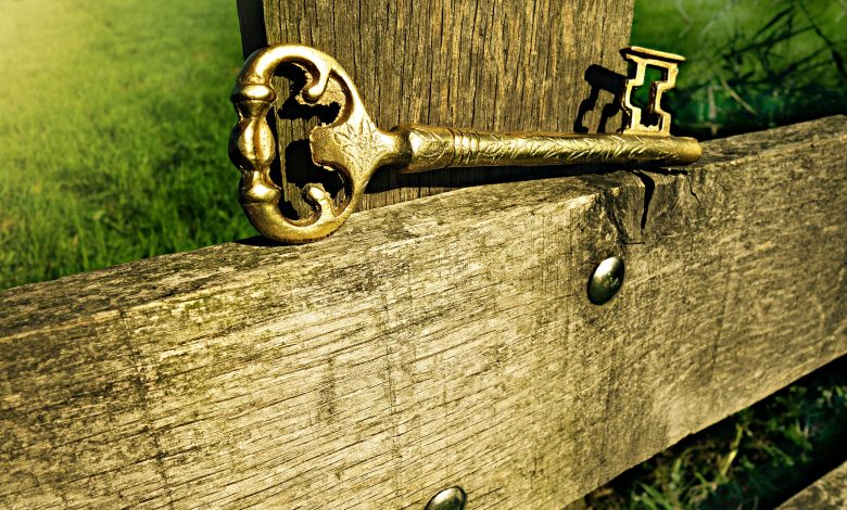 open wood vintage antique green entrance key metal gate security sculpture safety locked golden key 542812